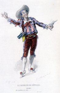 Gesamtwerk von Beaumarchais (1732-1799) von Edouard Fournier. Zeichnung von Emile Bayard. Ed. Laplace, Sanchez et Cie, Paris 1876. Dies ist Figaro in „Der Barbier von Sevilla“ von Emile Antoine Bayard