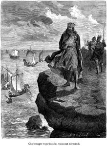 Kaiser Karl der Große beobachtet die Ankunft normannischer Schiffe an der französischen Küste - Wikingerschiffe und Krieger - Drakkar, skandinavische Navigation, nordische Invasion - Gravur von Emile Bayard, die „Die Geschichte des populären Frankreichs vo