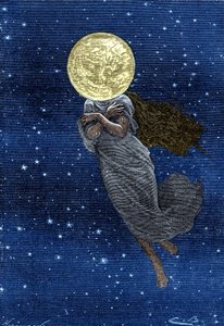 Gravur von Emile Bayard aus Jules Vernes Buch „Rund um den Mond“ (Hetzel-Ausgabe/Voyages extraordinaire 1870): Beschreibung des Mondes, gezeichnet mit dem Körper einer jungen Frau von Emile Antoine Bayard
