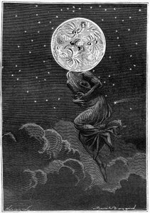 Gravur (von Emile Bayard) von Jules Vernes Buch „Rund um den Mond“ (Hetzel-Ausgabe/Voyages extraordinaire 1870): „der Mond personifiziert mit dem Körper einer jungen Frau... leidend an einer Kolik!“ von Emile Antoine Bayard