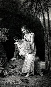 Gravur, die eine späte Ausgabe des 19. Jahrhunderts des Romans von Jacques-Henri Bernardin de Saint Pierre (Jacques Henri Bernardin de Saint-Pierre): Paul et Virginie illustriert. Vögel landen ohne Angst in der Nähe des jungen Liebespaares im Wald. Zeichnu