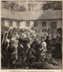 Gasthofhof in Chiang Ping Cheou. Zeichnung von Emile Bayard (1837-1891), zur Illustration der Reise von Shanghai nach Moskau, von 1859 bis 1862, von M. de Bourboulon, Minister von Frankreich in China. Gravur in Le Tour du Monde, herausgegeben von Edouard C