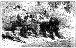 Illustration von Emile Bayard für Hector Malots Roman „Sans Famille“: Remi spielt mit seinen Freunden, den gelehrten Tieren der Truppe von Monsieur Vitalis, reisender Künstler - Joli-Coeur (schönes Herz), der Affe und die drei Hunde Capi, Zerbino und Dol