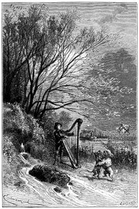 Illustration von Emile Bayard für Hector Malots Roman „Sans Famille“: Remi singt mit der Harfe, während seine Freunde tanzen, die gelehrten Tiere der Truppe von Monsieur Vitalis, reisender Künstler - die beiden Hunde Capi und Dolce - Straßenmusiker, Gaukle von Emile Antoine Bayard