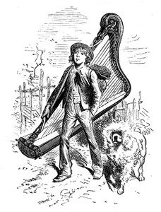 Illustration von Emile Bayard für Hector Malots Roman „Sans Famille“: Remi mit seinem Freund, dem Hund Capi, und seiner Harfe - Ausgabe Hetzel 1880 von Emile Antoine Bayard