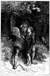 Illustration von Emile Bayard für den Roman von Hector Malot „Sans Famille“: Remi singt mit Monsieur Vitalis, reisender Künstler - Straßenmusiker, Gaukler - Edition Hetzel 1880 von Emile Antoine Bayard