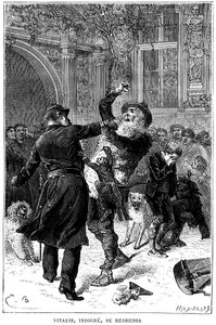 Illustration von Emile Bayard für Hector Malots Roman "Sans Famille": in Toulouse wird Monsieur Vitalis, unwürdig, von einem Polizisten vor Remi und seinen Freunden, den gelehrten Tieren der Truppe, verhaftet: Joli-Coeur, der Affe