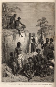 Kamehameha I. (ca. 1758-1819), König der Hawaii-Inseln und Gründer ihrer Einheit, umgeben von hawaiianischen Kriegern und einigen Untertanen in Honolulu, Gravur nach der Zeichnung von Emile Bayard, zur Illustration der Reise zu den Sandwich-Inseln, 1855-69