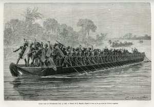 Großes Kanu der Arouhouimi, beladen mit 40 stehenden Paddlern und zwanzig Kriegern in Waffen, auf dem Livingstone-Fluss (Kongo), Zeichnung von Emile Bayard, zur Illustration der Geschichte „Durch den geheimnisvollen Kontinent“, Reise zwischen 1874-1877, v