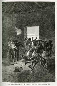 Major Serpa Pinto schoss auf den Dorfchef oder wurde gestoppt, weil er noch mehr Brandy im Austausch für seine Gastfreundschaft verlangte. Gravur von Emile Bayard, zur Illustration der Geschichte, wie ich Afrika durchquert habe, vom Atlantischen Ozean bis  von Emile Antoine Bayard