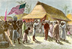 Treffen in Ujiji am Ufer des Tanganjikasees zwischen Henry Morton, einem Entdecker und Journalisten aus Wales (1841-1904) und David Livingstone, einem schottischen Missionar und Entdecker des afrikanischen Kontinents (1813-1873), am 10. November