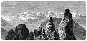 Berggipfel namens Pierre a Voir in der Nähe der Bäder von Saxon in den Walliser Alpen. Illustration von Emile Bayard für Albert Dupaignes Buch „Les Montagnes“, Ausgabe Mame 1881.