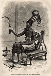 Mounza, König der Mombuttous (Stamm des Sudan), Kopfschmuck aus einem Dutt, bedeckt mit einer zylindrischen Kappe, verziert mit Papageienfedern, einer halbmondförmigen Kupferplatte an der Stirn, um den Hals ein Kragen aus Kupferlatten und an seinen Armen u