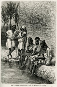 Neger und Negerinnen der Sahara, am Ufer des Oued Rihr. Gravur von E. Bayard, zur Illustration der algerischen Sahara, von V. Largeau, in den Jahren 1874-1878, veröffentlicht in Le Tour du Monde, unter der Leitung von Edouard Charton