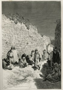 Warten auf die Audienz des Sultans, eine Gruppe von Männern, Frauen, Städtern, Landleuten, Bürgern und Bettlern in den Straßen von Fes (Fez), der Sultan gewährt dreimal wöchentlich eine Audienz für jeden, der um einen Gefallen oder Gerechtigkeit bittet, ge