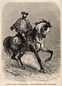Porträt des Autors, auf seinem Reittier, in seiner Reisekleidung, Gravur nach einer Zeichnung von Emile Bayard zur Illustration der Geschichte über die Wüste von Acatama und Caracoles (Südamerika), von Ingenieur A. Bresson, 1870-1874, veröffentlicht in „Le
