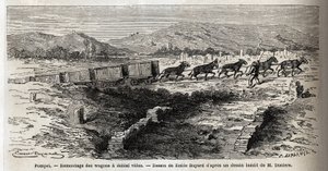 Wiederaufbau leerer Wagen während der Ausgrabungen von 1864 in Pompeji, Zeichnung von Emile Bayard (1837-1891), zur Illustration des Textes von Marc Monnier (1829-1885) „Pompeji und die Pompejaner“. Gravur in „Le Tour du Monde“, herausgegeben von Edouard C von Emile Antoine Bayard