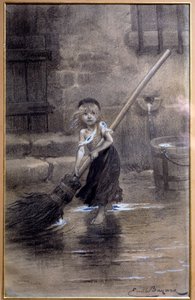 Darstellung von Cosette, barfuß fegend. Illustration für „Die Elenden“ von Victor Hugo (1802-1885) von Emile Bayard (1837-1891), 19. Jahrhundert. Paris, Maison Victor Hugo