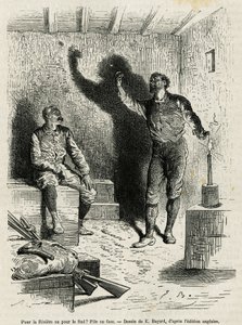 Sir Henri Morton Stanley (1841-1904) und Franck Pock, sein Begleiter bei der Erkundung, entscheiden per Münzwurf über die Route ihrer Reise, Zeichnung von Emile Bayard, zur Illustration der Geschichte "Durch den geheimnisvollen Kontinent" (Äquatorialafrika von Emile Antoine Bayard