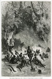 Sir Henri Morton Stanley (1841-1904) inmitten der Badenden der Region Karagoue (Kamerun), die in das heiße und medizinische Wasserbecken der Mtagata-Schlucht eintauchen, Zeichnung von Emile Bayard, zur Illustration der Geschichte "Durch den geheimnisvolle