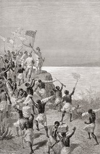 Stanley und seine Expedition sehen zum ersten Mal den Tanganjikasee, Ostafrika, 1872, Illustration aus 