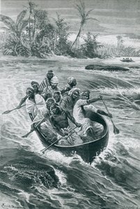 Stanley überwindet die Stromschnellen am Kongo-Fluss, Zeichnung von Emile Bayard von Emile Antoine Bayard