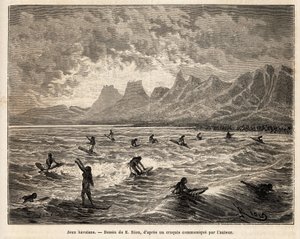 Surfen, das Lieblingsspiel der Hawaiianer, hier von Frauen, im Gleichgewicht, stehend oder sitzend, auf dem Brett, auf dem Kamm der Wellen, die sie zurück zum Strand bringen, Gravur nach einer Zeichnung von Emile Bayard, illustriert die Reise zu den Sandwi von Emile Antoine Bayard