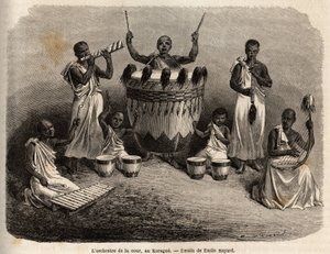 Das Hoforchester, in Karague (westlich des Viktoriasees, heutiges Simbabwe), Zeichnung von Emile Bayard (1837-1891), zur Illustration von Captain Spekes Entdeckungsreise in Afrika von 1860 bis 1863. Gravur in „Le tour du monde“, herausgegeben von Edouard C