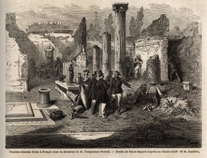 Die Ausgrabungen von 1864 in Pompeji, unter der Leitung von Inspektor Fiorelli, Zeichnung von Emile Bayard (1837-1891), zur Illustration des Textes von Marc Monnier (1829-1885) „Pompeji und die Pompejaner“. Gravur in „Le tour du monde“, herausgegeben von E von Emile Antoine Bayard