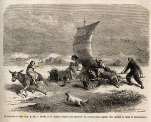 Das Segelschubkarren, Fortbewegungssystem in Nordchina, Zeichnung von E. Bayard, Illustration der Reise von Shanghai nach Moskau