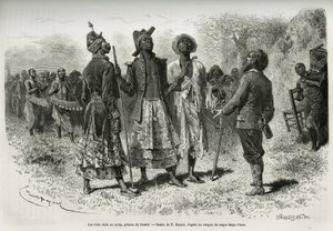 Die drei Anführer (oder Sovas), Prinzen von Dombe (Angola), und ihre Suite von Musikern und Höflingen, die dem Entdecker S. Pinto entgegenkommen. Gravur von Emile Bayard, zur Illustration der Geschichte, wie ich Afrika durchquert habe, vom Atlantischen Oze von Emile Antoine Bayard