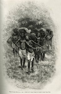 Truppe junger Mädchen, die Körbe mit Lebensmitteln für die Versorgung von S. Pinto und seinen Männern tragen. Gravur von Emile Bayard, zur Illustration der Geschichte, wie ich Afrika durchquert habe, vom Atlantischen Ozean bis zum Indischen Ozean, von Majo