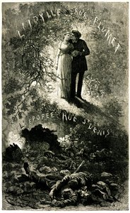 Victor Hugos Elenden: sentimentale Handlung vor einem historischen Fresko. Cosette und Marius Liebhaber (Liebe - Idylle rue Plumet) und die Barrikaden von Paris (Revolution - Epos rue St Denis (Saint-Denis)). Illustration von Emile Bayard für die Oll von Emile Antoine Bayard