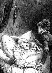 Junge Frau kümmert sich um einen alten Mann, der in seinem Bett stirbt, unter einem an der Wand hängenden Kruzifix. Der Sterbende hält seine letzten Empfehlungen (Testament) in der Hand. (Detail) einer Gravur von Emile Bayard zur Illustration von Jules San von Emile Antoine Bayard