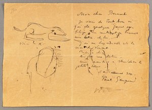 Brief an Emile Bernard mit drei Tintenzeichnungen, Hinweis auf den Tod von "Vincent", Tahiti, 1890er Jahre