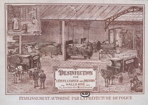 Plakat, das Maschinen zur Desinfektion durch Dampf bewirbt, produziert von Hallu Aine, Ende des 19. Jahrhunderts von Emile Bourdelin
