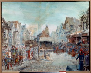 Hundertjähriger Krieg: „Johanna von Orléans (1412-1431) wird auf den Scheiterhaufen geführt“ (Place du Vieux-Marché in Rouen) von Emile Deshays