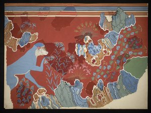 Gemälde des Blauen Affen in einer felsigen Landschaft Fresko aus dem Haus der Fresken in Knossos, ca. 1928