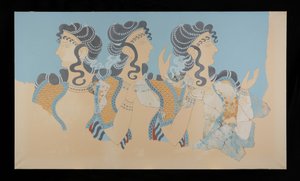 Gemälde des restaurierten Freskos der Blauen Damen aus dem Palast von Knossos (Evans Freskozeichnung O/7) von Emile Gilliéron