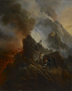 Der Vesuv bricht aus, der Künstler und sein Vater, Carle Vernet, im Vordergrund von Emile Jean Horace Vernet