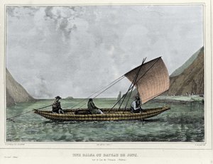 Eine Balsa oder ein Floßboot auf dem Titicacasee (Bolivien). Lithographie von Emile Lassalle (1813-1871) - in „Voyage dans l