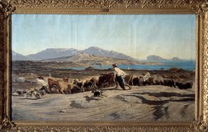 Ansicht von Marseille von den Aygalades aus, ein Tagesausflug Im Vordergrund junge Hirten mit der Herde. Gemälde von Emile Loubon (1809-1863) 1853 Marseille. Museum der Schönen Künste von Emile Loubon