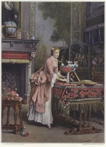 Eine Frau stellt eine Vase mit Blumen auf einen Tisch von Emile Pierre Metzmacher