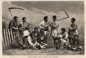 Die bulgarischen Erntearbeiter, während ihrer Pause, mit ihrer Sense und den Gegenständen ihrer täglichen Arbeit: Pfeife, Weinflasche und eine Art Dudelsack, Gravur nach der Zeichnung von E. Metzmacher, zur Illustration der Reise nach Bulgarien, von Guilla