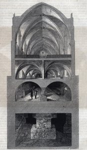 Querschnitt des Napoleon-Gymnasiums in Paris (heute Lycée Henri IV). Von oben nach unten: der Speisesaal, die Küche, die Keller, die Katakomben. Gravur von Therond. In „Le Magasin Pittoresque“ von Emile Theodore Therond