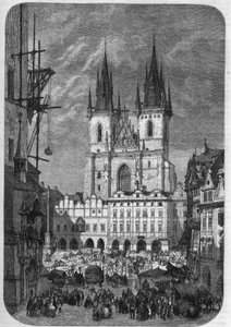 Gotische Architektur: Außenansicht der Kirche Unserer Lieben Frau von Tyn (Teynkirche) in Prag. Ihr Bau dauerte vom 14. bis zum 16. Jahrhundert. Gravur von Therond in „Le Magasin Pittoresque“. von Emile Theodore Therond