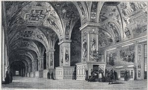 Innere Ansicht der Vatikanbibliothek im 18. Jahrhundert. Gravur von Therond nach einer Zeichnung von François Pannini