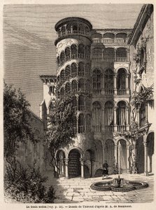 La Scala Antica, Zeichnung von Therond, zur Illustration von Adalbert de Beaumonts Reise nach Venedig um 1850. Gravur in „Le tour du monde“, herausgegeben von Edouard Charton