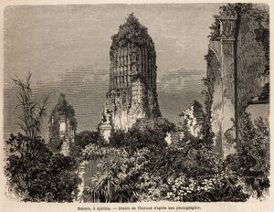 Die Ruinen in der Vegetation des Dschungels in Ajuthia (Thailand). Zeichnung von Therond zur Illustration der Reise durch die Königreiche Siam, Kambodscha und Laos von 1858 bis 1861 von Henri Mouhot. Gravur in „Le tour du monde“, herausgegeben von Edouard 