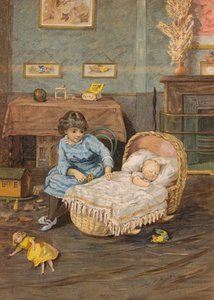 Mädchen, das über ein Baby in einer Wiege wacht (Chromolithografie)